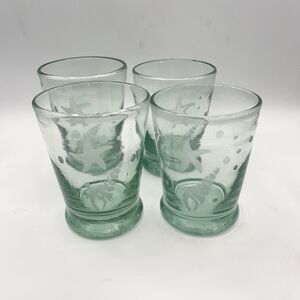 Set Of 4 Hand Blown Green Glass Etched Starfish Shell 8 oz 4” Heavyweight Bottom